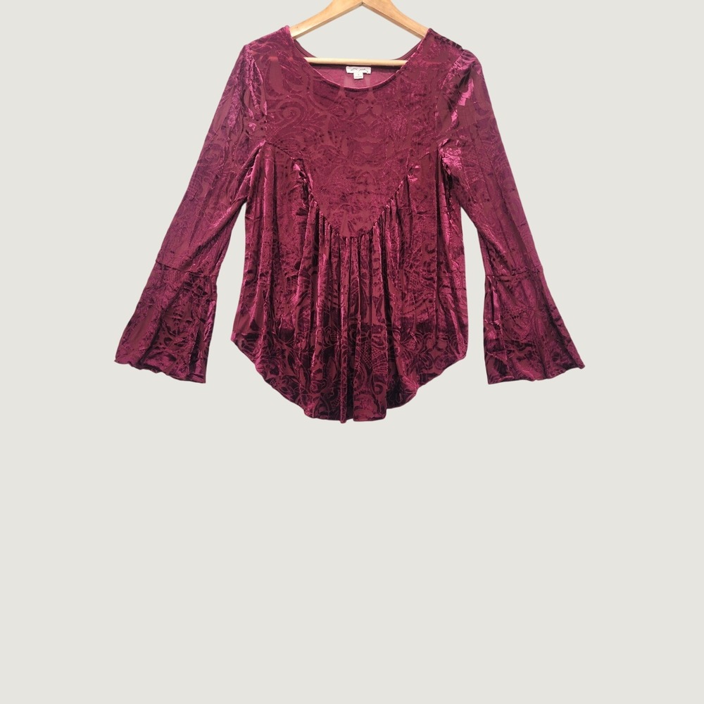 Ultra Pink Burgundy Burnout Velvet Bell Sleeve Babydoll Blouse Top Medium Wine